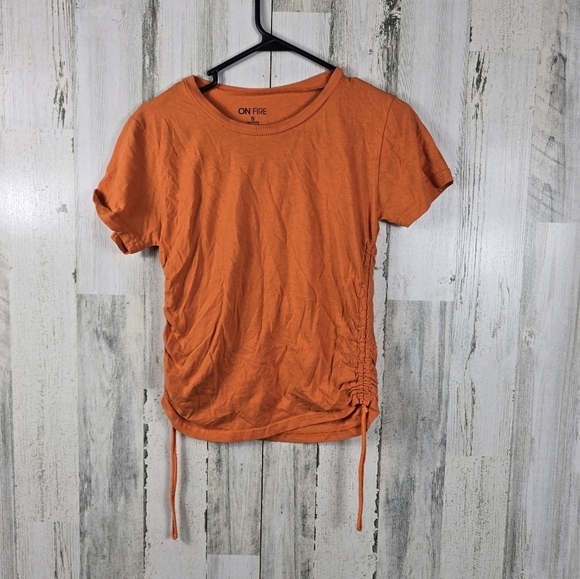 on fire orange ruched short sleeve tshirt women's size small - Picture 7 of 7